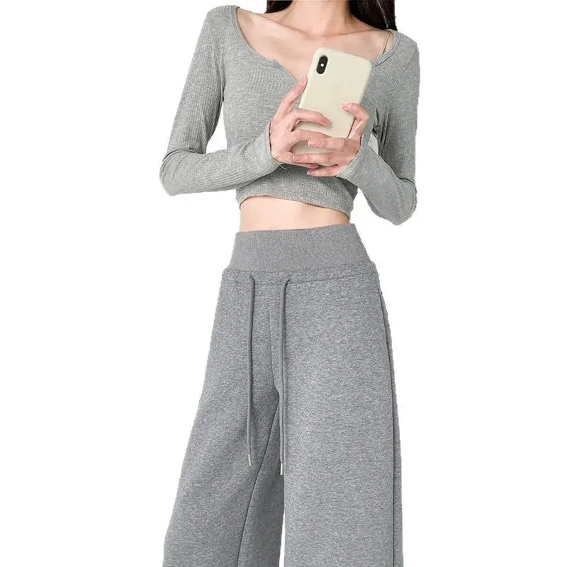 High Waist Antenna Waist Casual Sports Pants Women's Spring Autumn Loose Slimming Wide Leg Pants Double Partition Style