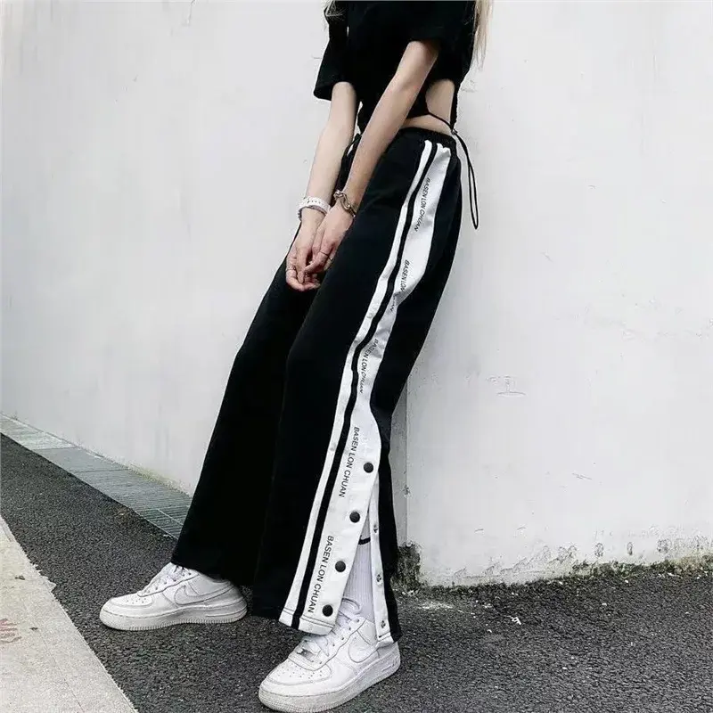 Loose Wide Leg Casual Pants for Women Student Style High Street Fashionable Straight Cut Trousers with Button Detail