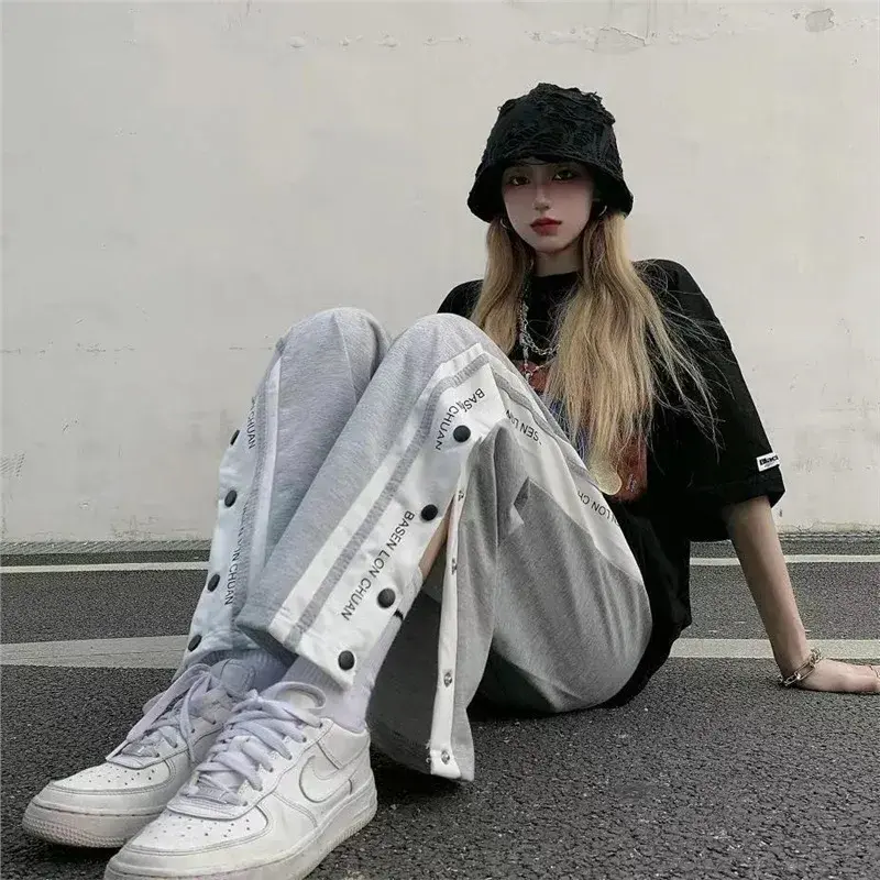 Loose Wide Leg Casual Pants for Women Student Style High Street Fashionable Straight Cut Trousers with Button Detail