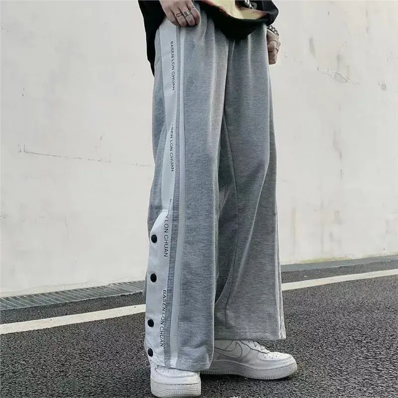 Loose Wide Leg Casual Pants for Women Student Style High Street Fashionable Straight Cut Trousers with Button Detail