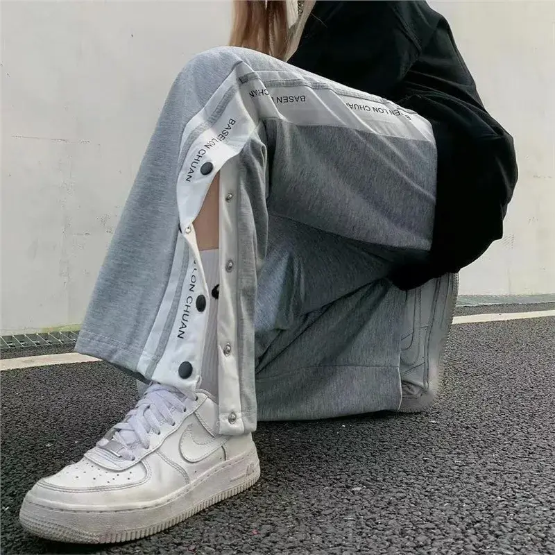 Loose Wide Leg Casual Pants for Women Student Style High Street Fashionable Straight Cut Trousers with Button Detail