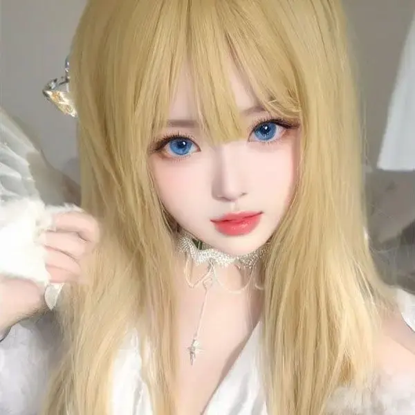Light Golden Women's Full Head Wig Natural Airy Bangs Long Straight Black Lolita Popular JK Cute round Face Front Lace Wig