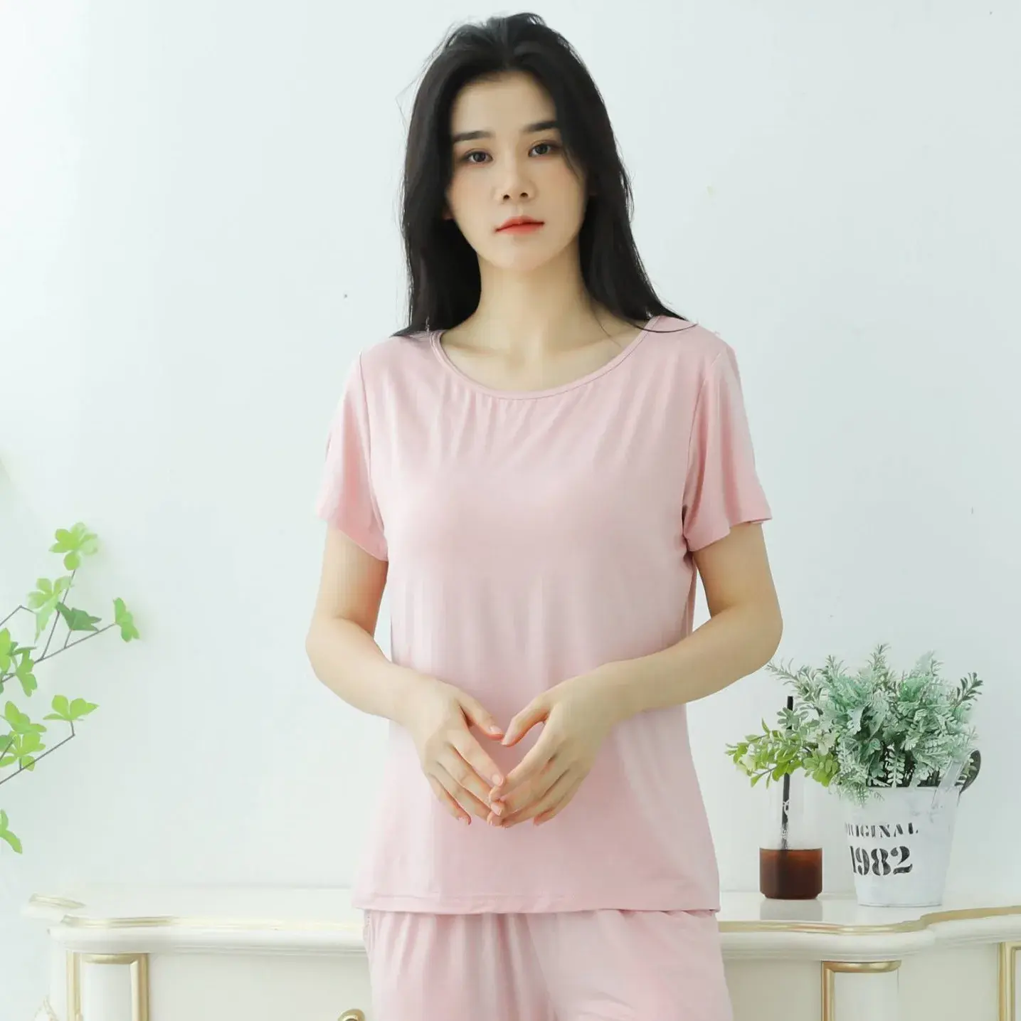 Loose Short Sleeve Modal Women's Sleepwear Set with Chest Pad Five Finger Cup Large Size Half Sleeve Home Clothes Shorts