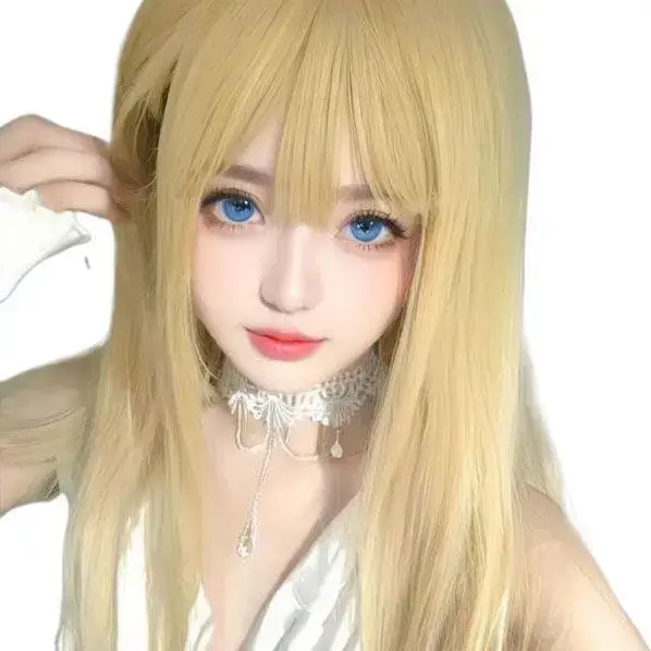 Light Golden Women's Full Head Wig Natural Airy Bangs Long Straight Black Lolita Popular JK Cute round Face Front Lace Wig