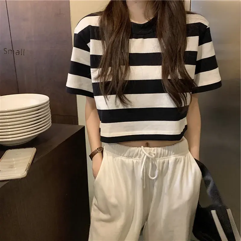 Stripe Short Women Top Short Sleeve T-shirt Loose Summer Casual Base Shirt Korean Style Polyester Fabric Length