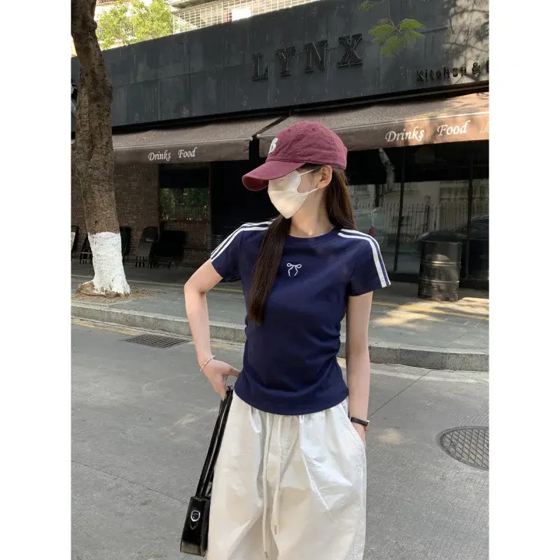 Spring Summer Short Sleeve Crew Neck T-Shirt Pure Cotton Shoulder Width Butterfly Knot Design Color Block Top Women's Fashion