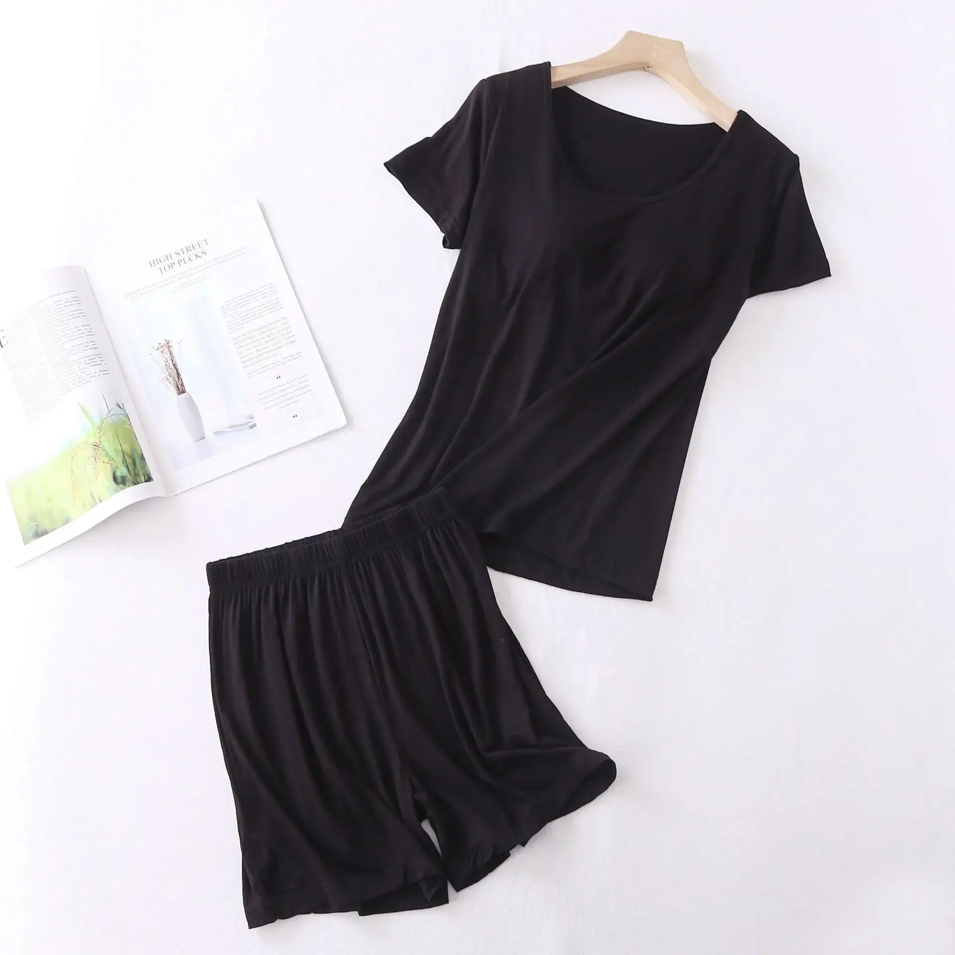 Loose Short Sleeve Modal Women's Sleepwear Set with Chest Pad Five Finger Cup Large Size Half Sleeve Home Clothes Shorts