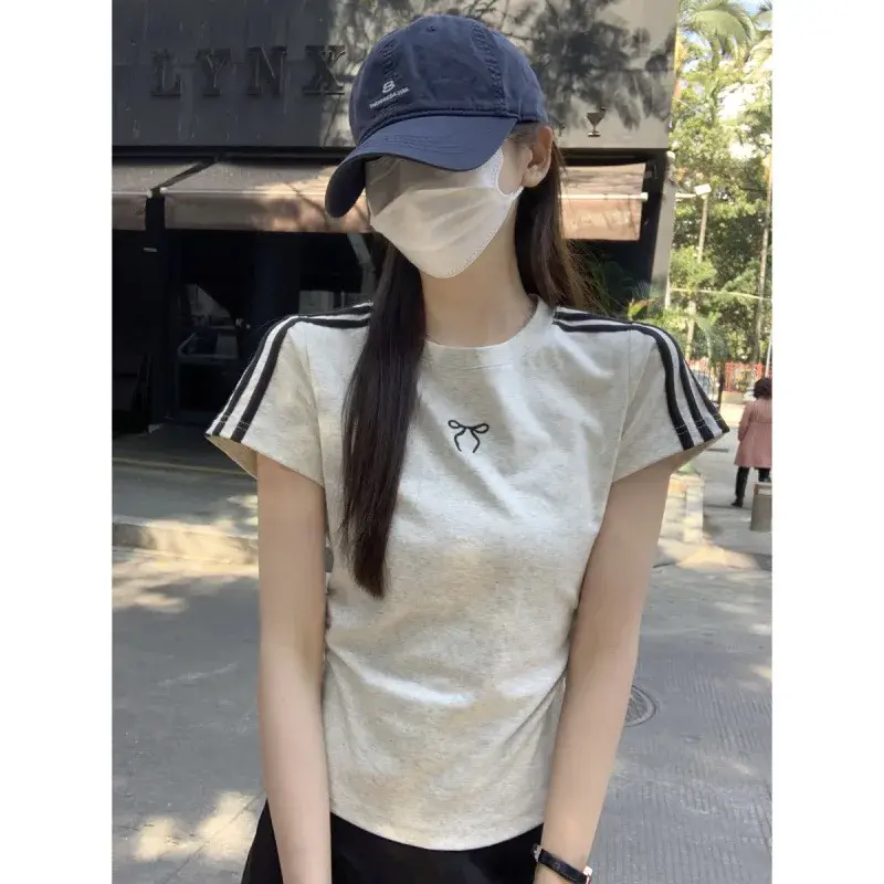 Spring Summer Short Sleeve Crew Neck T-Shirt Pure Cotton Shoulder Width Butterfly Knot Design Color Block Top Women's Fashion