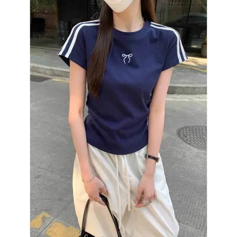 Spring Summer Short Sleeve Crew Neck T-Shirt Pure Cotton Shoulder Width Butterfly Knot Design Color Block Top Women's Fashion