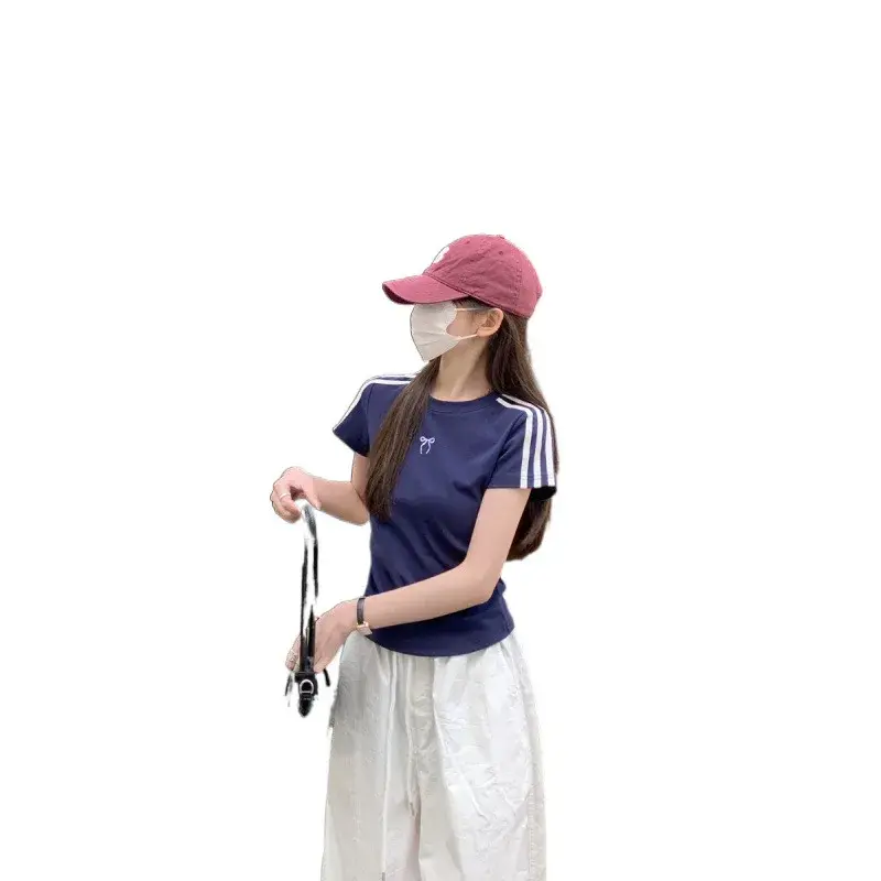 Spring Summer Short Sleeve Crew Neck T-Shirt Pure Cotton Shoulder Width Butterfly Knot Design Color Block Top Women's Fashion
