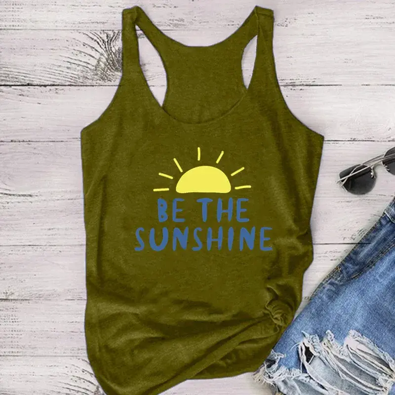 Cross-Border Amazon Wish Women's Sunshine Pattern Printing Sleeveless T-Shirt Vest Polyester Fiber American Retro Style