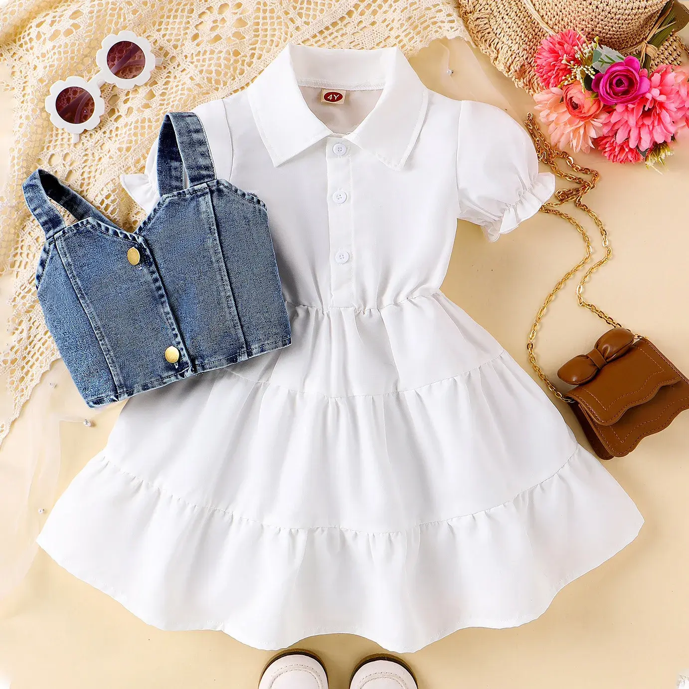 Trendy Summer Children's Clothing Set Puff Sleeve Dress Denim Tank Top For Girls Infant To Junior Age Range