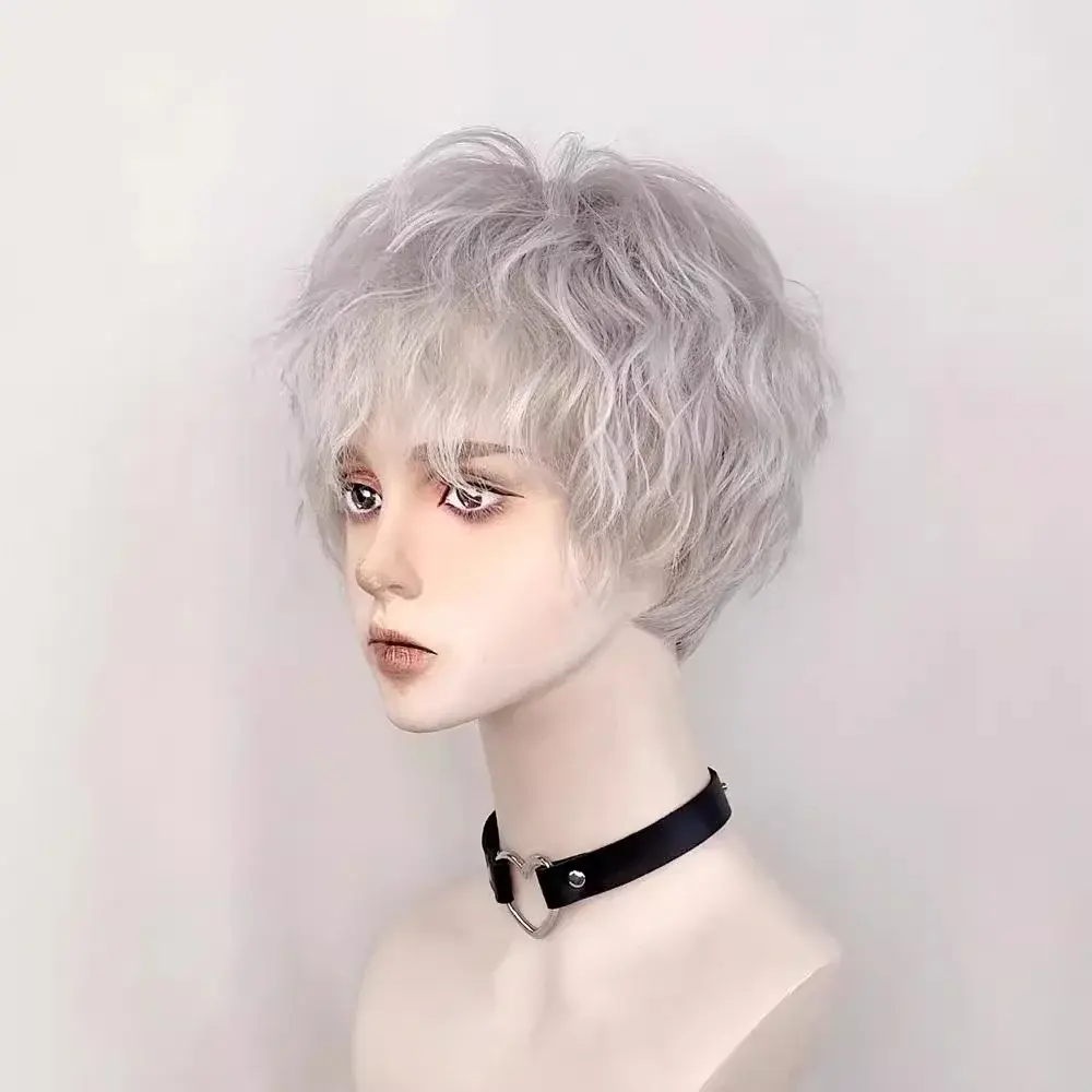 White Woolen Short Hair Wig for Men Boys Silver Grey Cartoon Style Full Head Cover Cosplay Universal Youth Sensation