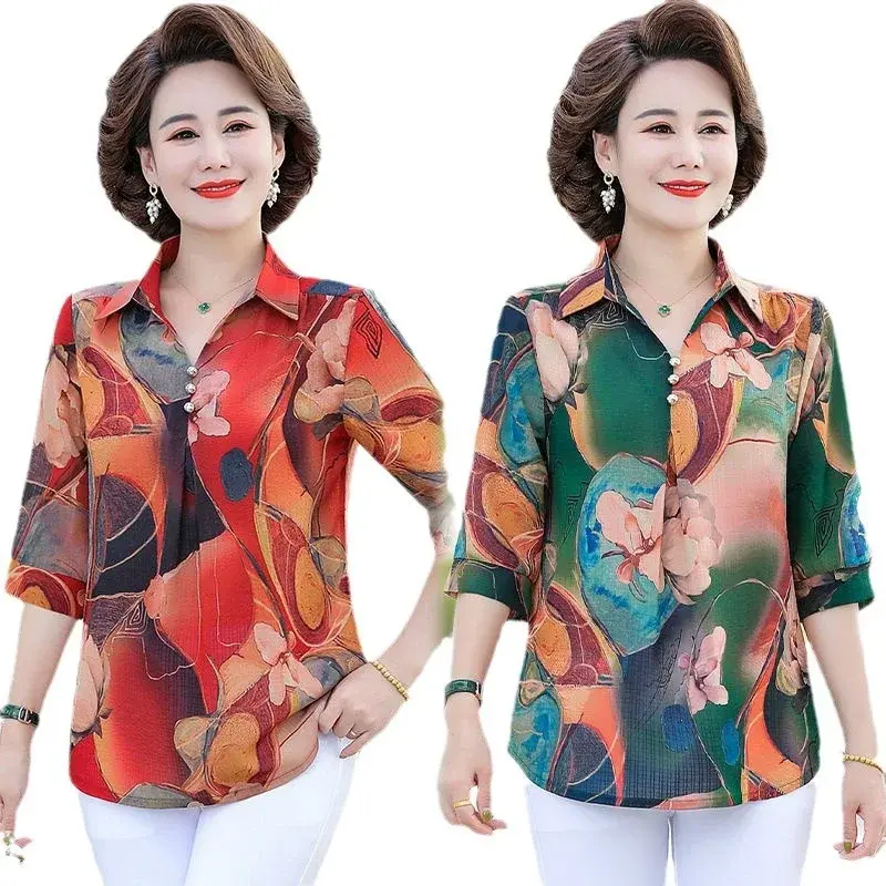 Elegant Slimming Summer T-Shirt Collar Top For 40-50 Middle-Aged Women Polyester Fiber V-Neck Base Layer Top With Flower Decorat