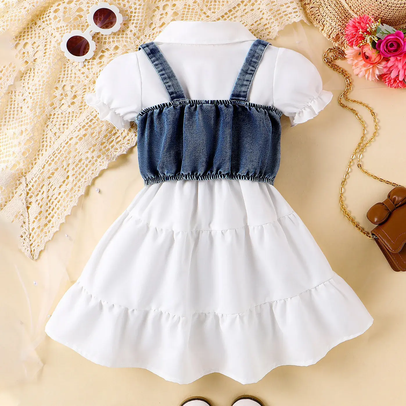 Trendy Summer Children's Clothing Set Puff Sleeve Dress Denim Tank Top For Girls Infant To Junior Age Range