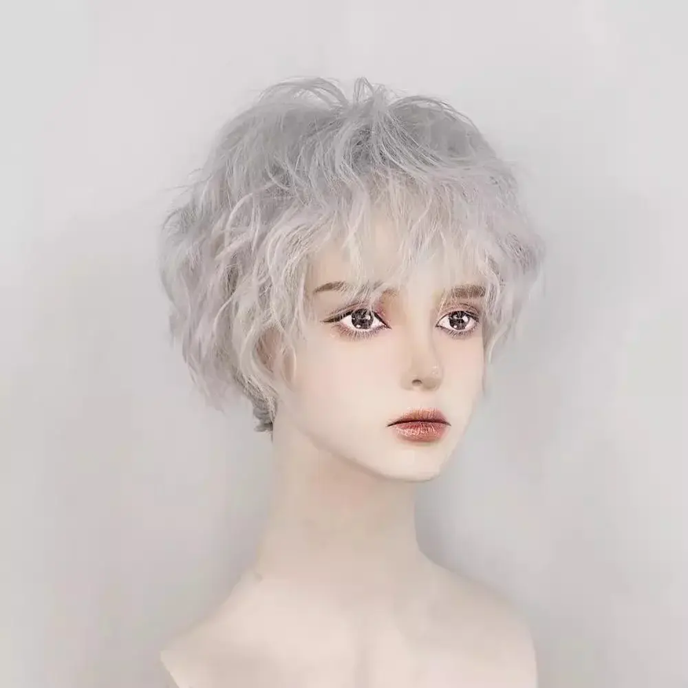 White Woolen Short Hair Wig for Men Boys Silver Grey Cartoon Style Full Head Cover Cosplay Universal Youth Sensation