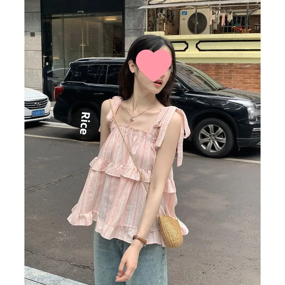 Sweet Striped Loose Doll Strap Vest Outerwear Summer Women's Clothing Tied Waistline Casual Holiday Style Top