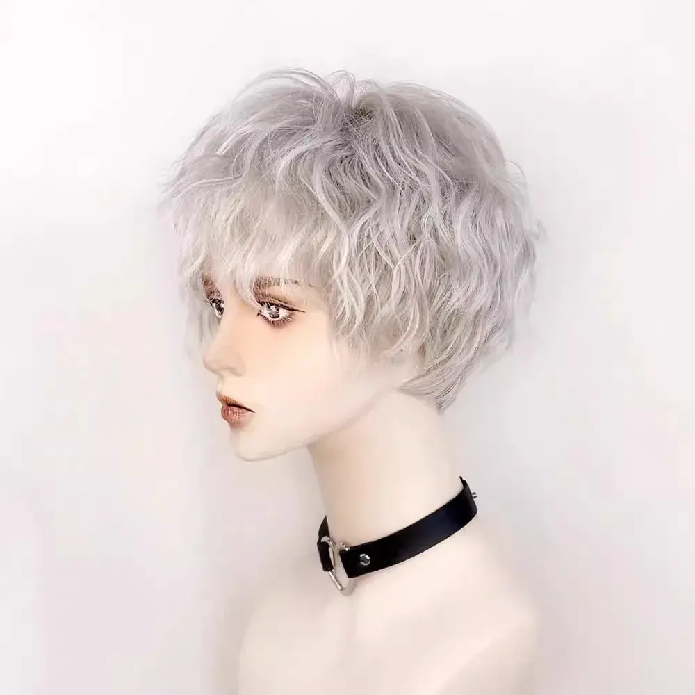 White Woolen Short Hair Wig for Men Boys Silver Grey Cartoon Style Full Head Cover Cosplay Universal Youth Sensation