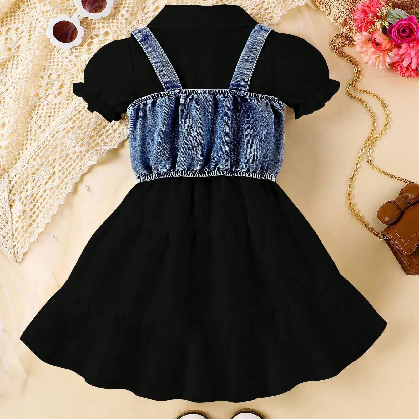 Trendy Summer Children's Clothing Set Puff Sleeve Dress Denim Tank Top For Girls Infant To Junior Age Range