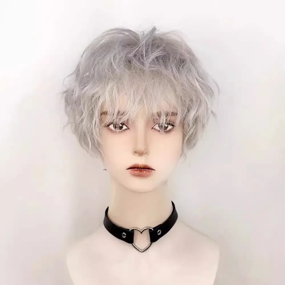 White Woolen Short Hair Wig for Men Boys Silver Grey Cartoon Style Full Head Cover Cosplay Universal Youth Sensation