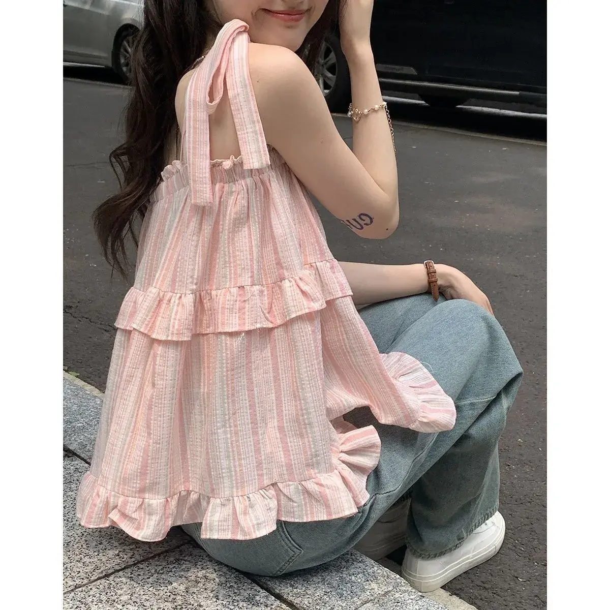 Sweet Striped Loose Doll Strap Vest Outerwear Summer Women's Clothing Tied Waistline Casual Holiday Style Top