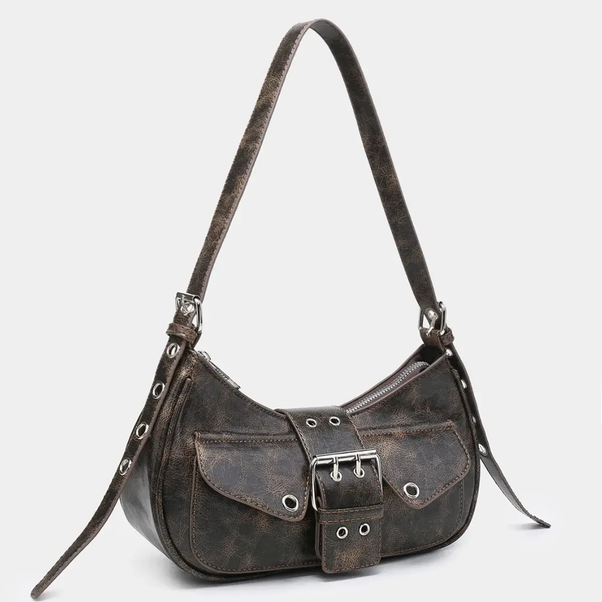 Vintage Y2K Biker Punk Maillard Waste Land Style Multi-Pocket Leather Bag Artificial Oil Explosion Feeling Decorative Bag
