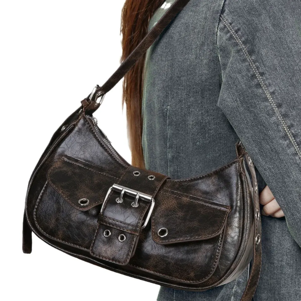 Vintage Y2K Biker Punk Maillard Waste Land Style Multi-Pocket Leather Bag Artificial Oil Explosion Feeling Decorative Bag