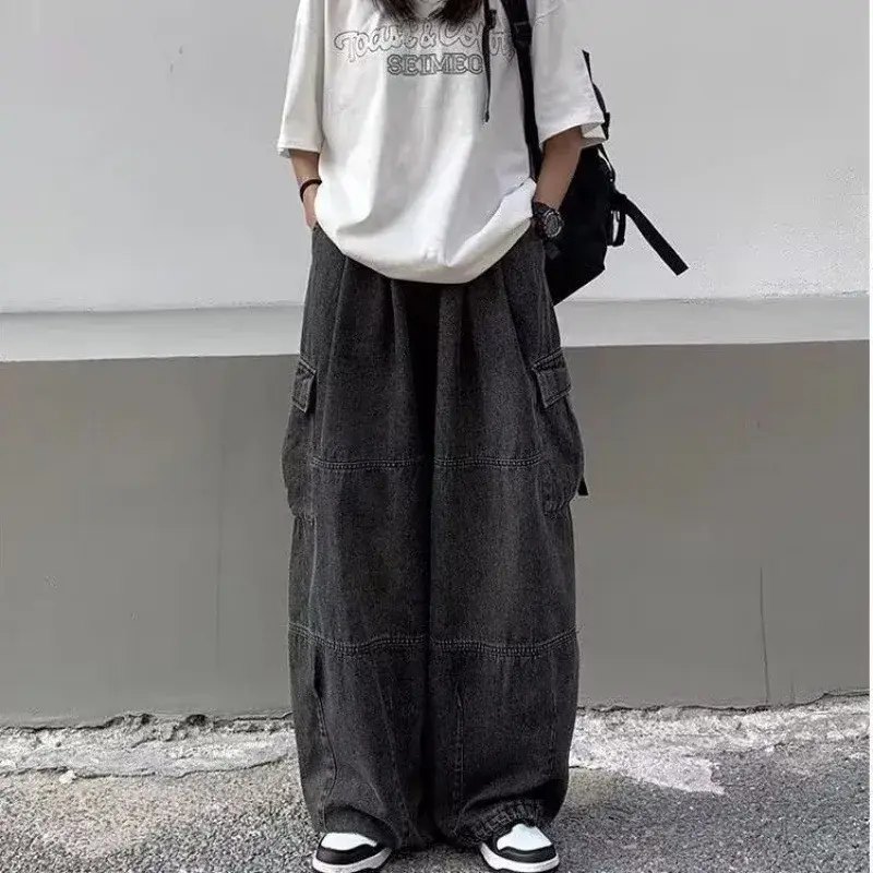 Autumn Men's Loose Fit American Style Hip Hop Vintage Cargo Pants Versatile Wide Leg Jeans Harajuku Trousers Casual Pants