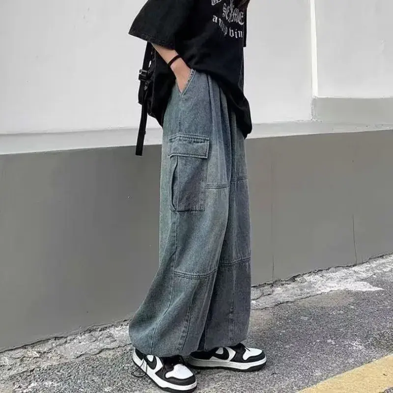 Autumn Men's Loose Fit American Style Hip Hop Vintage Cargo Pants Versatile Wide Leg Jeans Harajuku Trousers Casual Pants