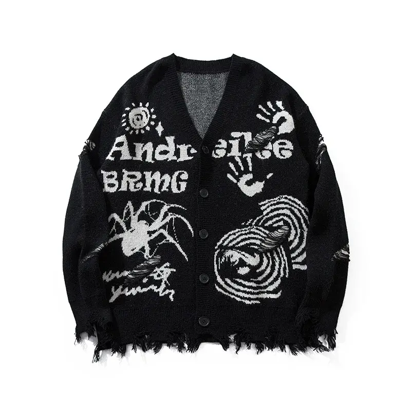 YWFG Men's Vintage Fun Jacquard Knitted Top Sweater Loose Fit Casual Crew Neck Long Sleeve Autumn/Winter 2024