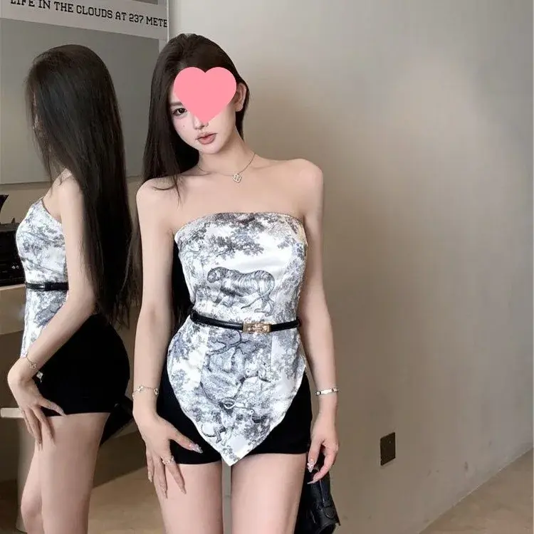 Vintage Elegant Ink Printing Women's Summer New Slim Fit Strapless Top Smooths Your Silhouette Inner Irregular Spandex Vest