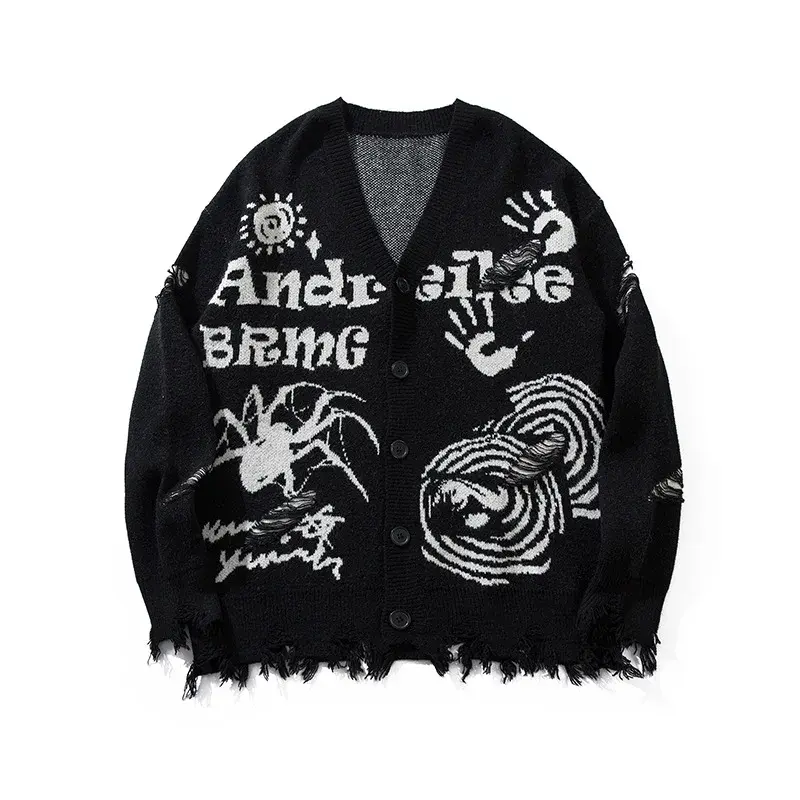 YWFG Men's Vintage Fun Jacquard Knitted Top Sweater Loose Fit Casual Crew Neck Long Sleeve Autumn/Winter 2024