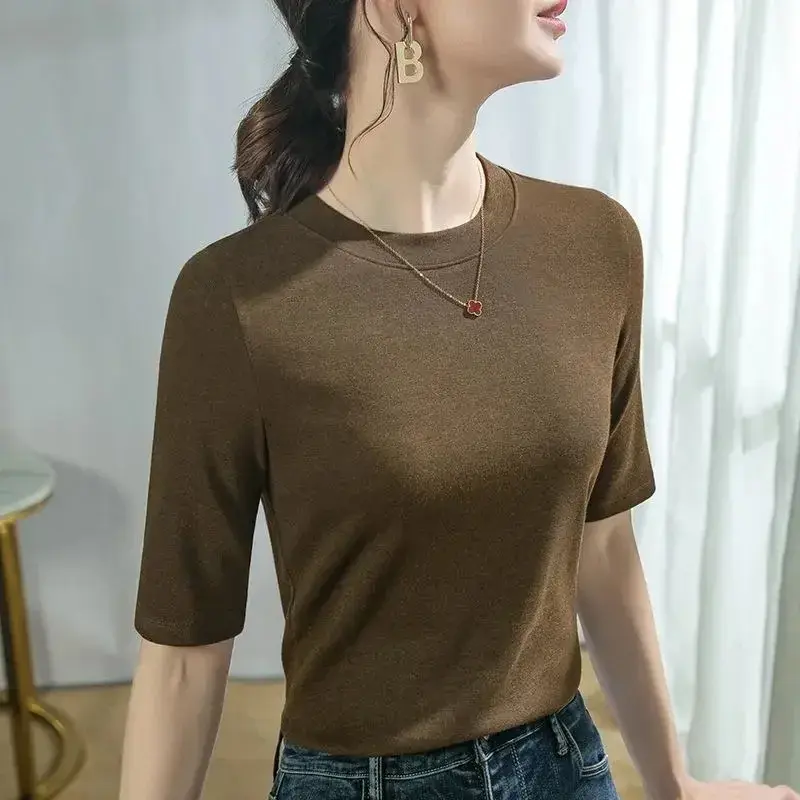 Modal Cotton Women's Half Sleeve T-Shirt Summer New Style Slimming Inner Solid Color Base Layer Versatile Smooths Silhouette