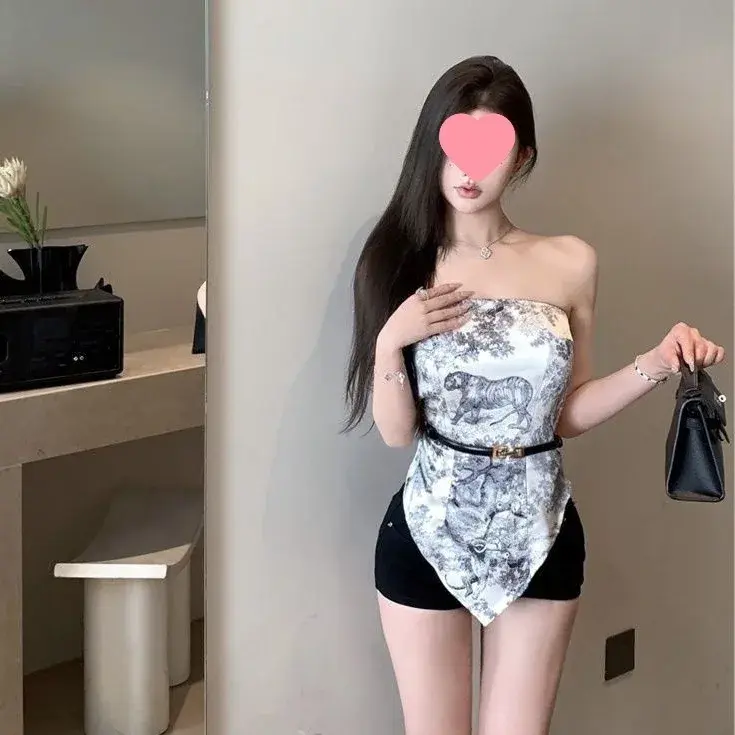 Vintage Elegant Ink Printing Women's Summer New Slim Fit Strapless Top Smooths Your Silhouette Inner Irregular Spandex Vest