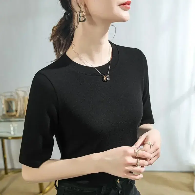 Modal Cotton Women's Half Sleeve T-Shirt Summer New Style Slimming Inner Solid Color Base Layer Versatile Smooths Silhouette