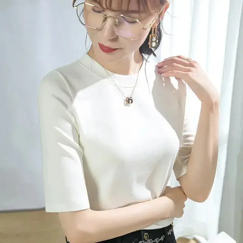 Modal Cotton Women's Half Sleeve T-Shirt Summer New Style Slimming Inner Solid Color Base Layer Versatile Smooths Silhouette