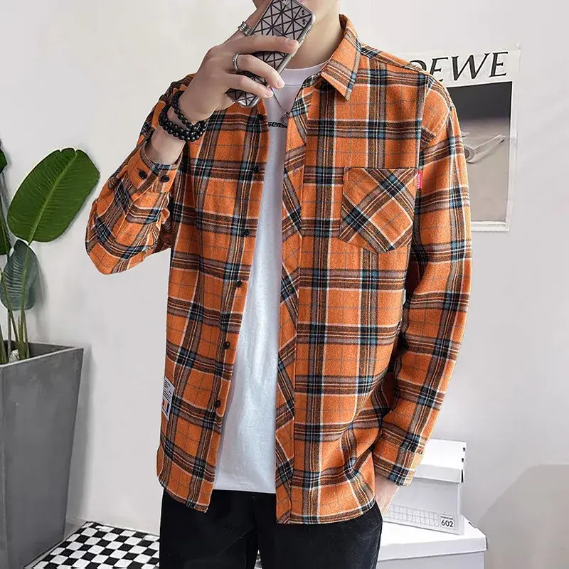 Men's Casual Plaid Shirt European Style Flannel Short Sleeve Warm Shirt For Foreign Trade Outlet
