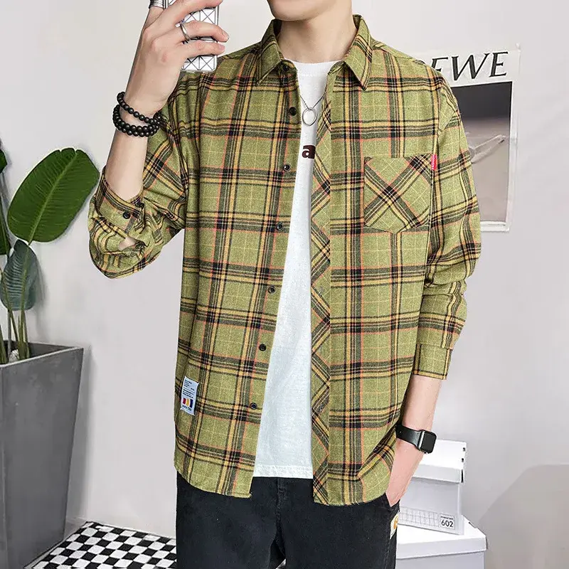 Men's Casual Plaid Shirt European Style Flannel Short Sleeve Warm Shirt For Foreign Trade Outlet