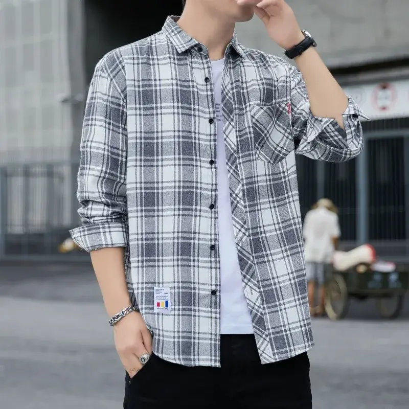Men's Casual Plaid Shirt European Style Flannel Short Sleeve Warm Shirt For Foreign Trade Outlet