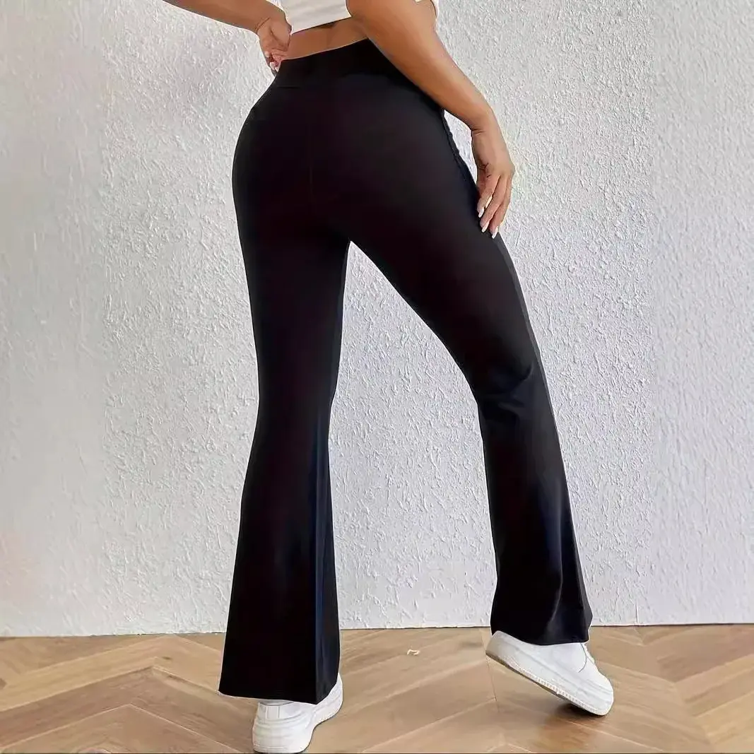 High Waist Shark Shape Bell Bottom Pants Women's Casual Micro Flared Trousers Elastic Base Layer Long Black Leggings