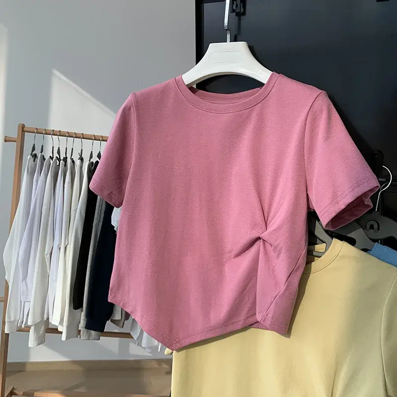 2025 New Summer Sensibility Niche High-Waisted Cropped Top Women's Short Sleeve T-Shirt Sharpened Collar Design Sensibility