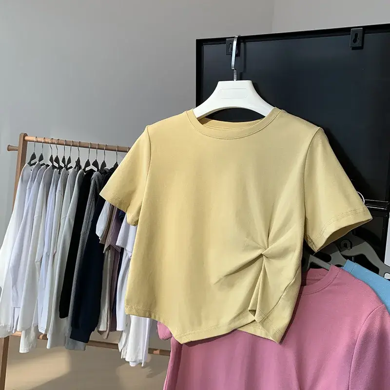 2025 New Summer Sensibility Niche High-Waisted Cropped Top Women's Short Sleeve T-Shirt Sharpened Collar Design Sensibility