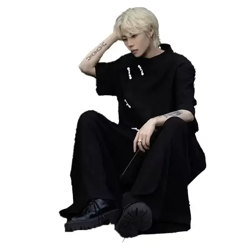 New Chinese Style Men's Short Sleeve Shirt Tang Suit Chinese Folk Short Sleeve Shirt Half Vest Style Clothing