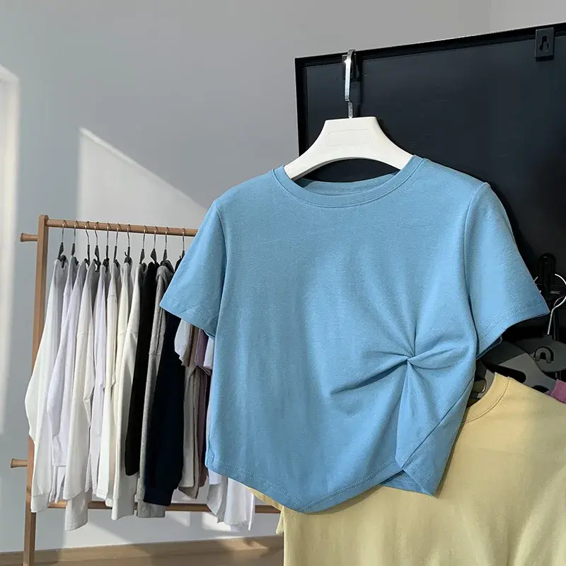 2025 New Summer Sensibility Niche High-Waisted Cropped Top Women's Short Sleeve T-Shirt Sharpened Collar Design Sensibility