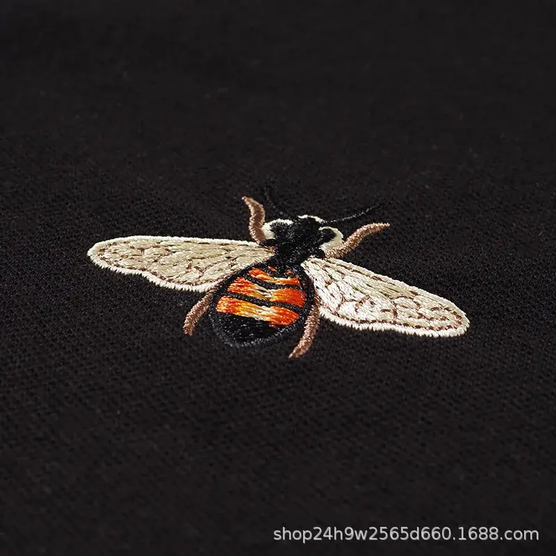 Trendy Gg European American Style Embroidered Small Bee Black Short Sleeve Stand Collar T-shirt Loose Fit Polo Shirt