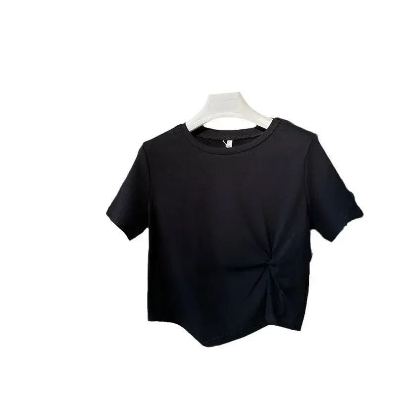 2025 New Summer Sensibility Niche High-Waisted Cropped Top Women's Short Sleeve T-Shirt Sharpened Collar Design Sensibility