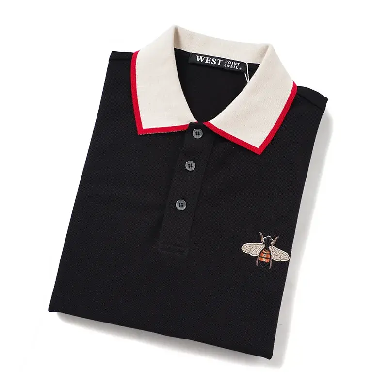 Trendy Gg European American Style Embroidered Small Bee Black Short Sleeve Stand Collar T-shirt Loose Fit Polo Shirt