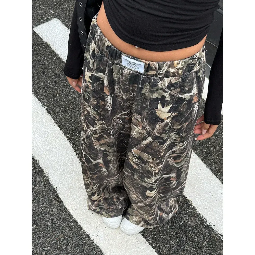 Women's Workwear Casual Pants Loose Straight Wide Leg Long Trousers with Big Pockets Branch Pattern Design New 2025