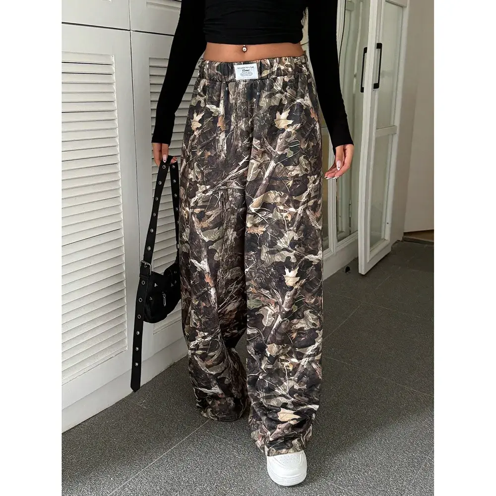 Women's Workwear Casual Pants Loose Straight Wide Leg Long Trousers with Big Pockets Branch Pattern Design New 2025
