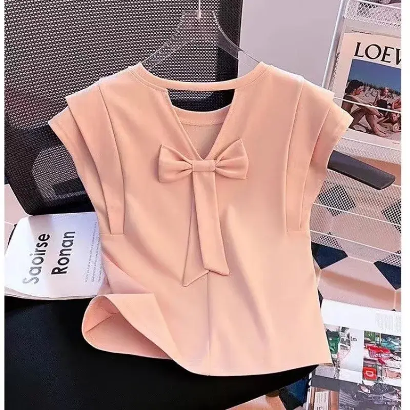 French Sweet Fly Sleeve T-shirt Women's Summer New Hollow Back Butterfly Knot Elegant Small Top Crew Neck Short Sleeve
